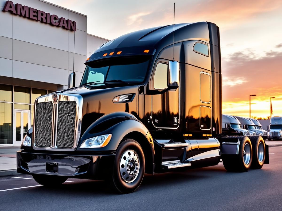 New black Kenworth T680 semi-truck at an American truck dealership at sunrise