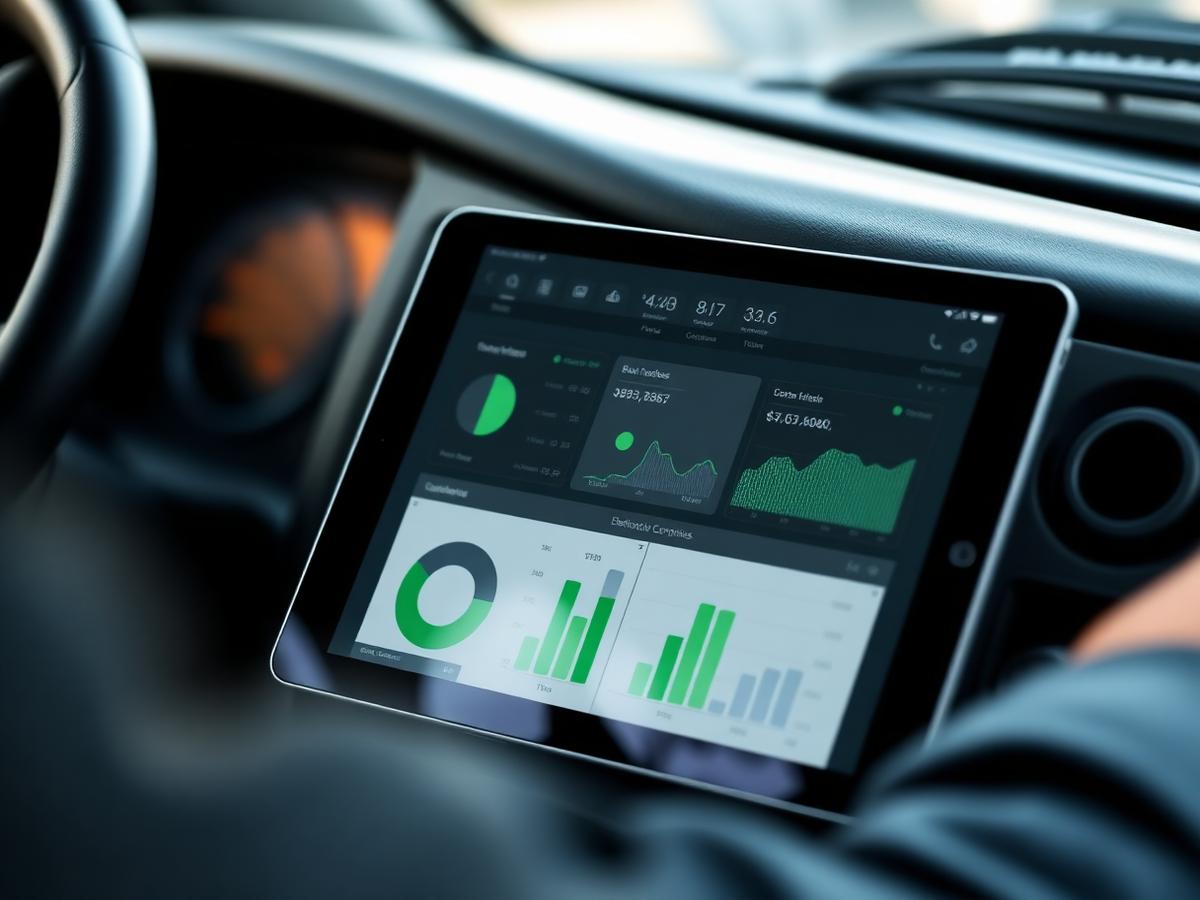 Fleet compliance dashboard on a tablet inside a semi-truck cab