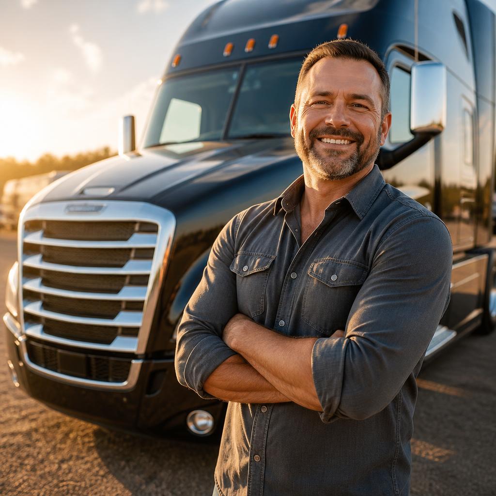 Smiling trucking company owner standing proudly in front of his semi-truck at golden hour