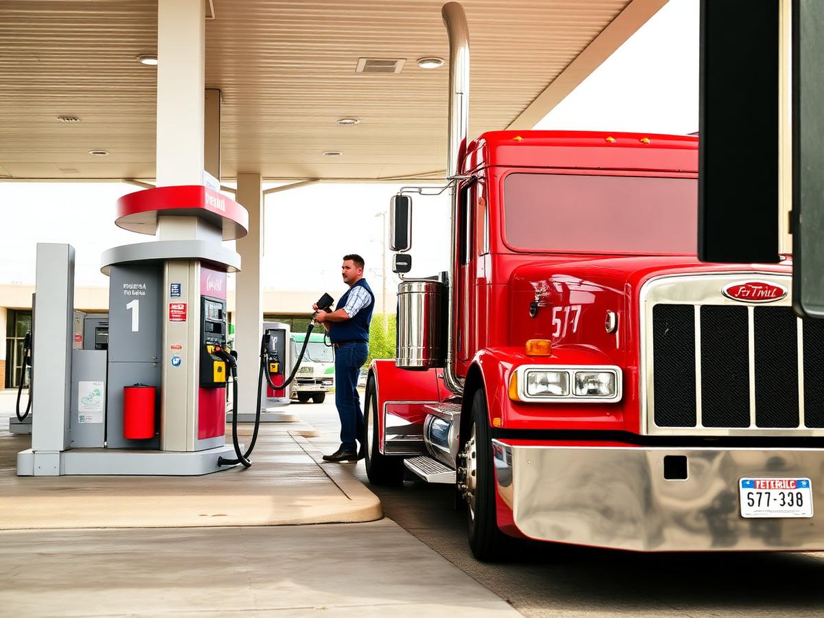 Professional driver refueling a red Peterbilt semi-truck at a U.S. truck stop