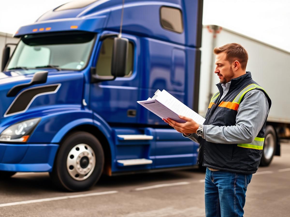 Fleet manager reviewing paperwork next to a blue Volvo VNL semi-truck