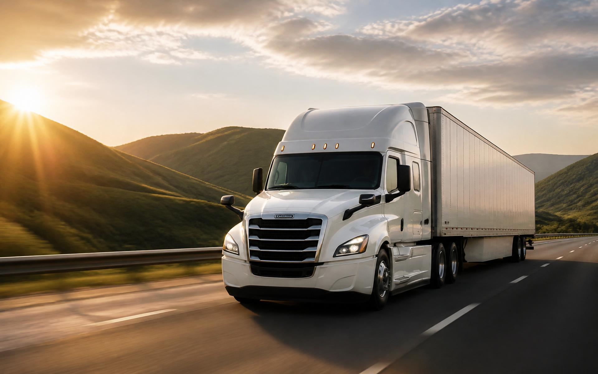 Freightliner Cascadia semi-truck on a scenic American interstate at golden hour